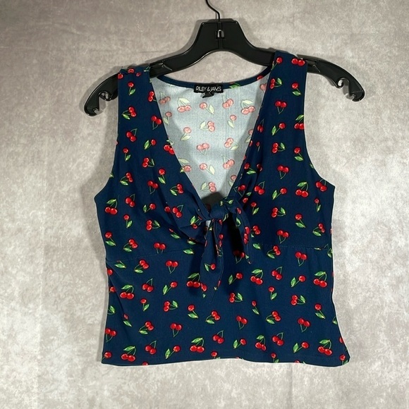 Riley & James | Navy Blue & Red Cherry Print Crop Top | Size Medium - Picture 1 of 9